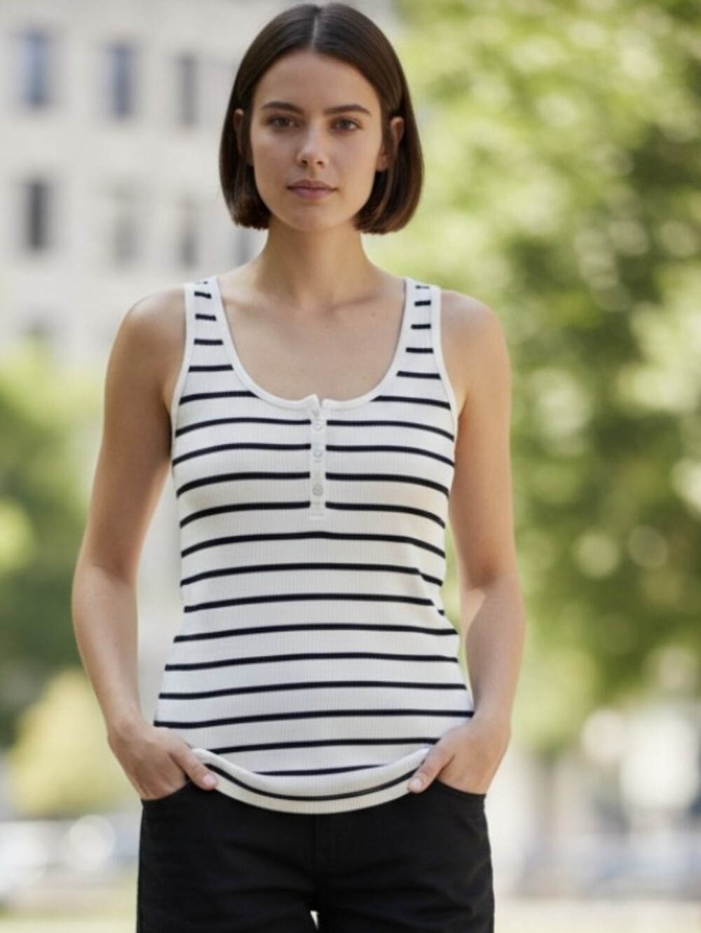 T.La  Striped Ribbed Henley Tank- Large